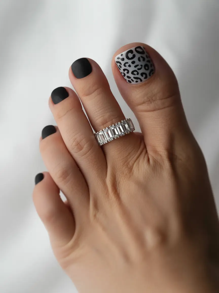 Toe Nail Art & Color Ideas for August 2025+Chic Matte Black Meets Safari Cool