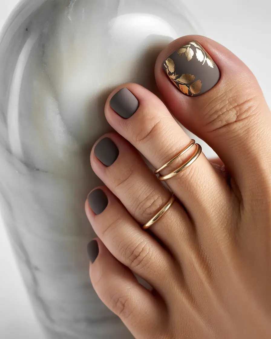 Toe Nail Art & Color Ideas for August 2025+Matte Mocha Elegance with Golden Leaf Detail