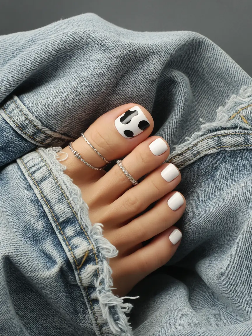 Toe Nail Art & Color Ideas for August 2025+Minimal White Meets Cow Print Pop
