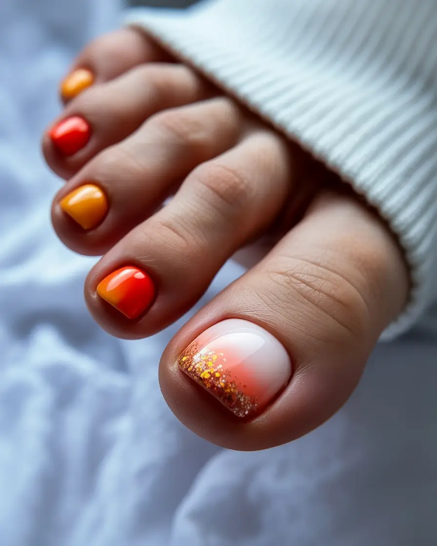 Toe Nail Art & Color Ideas for August 2025+Tropical Sunset Glitter Fade