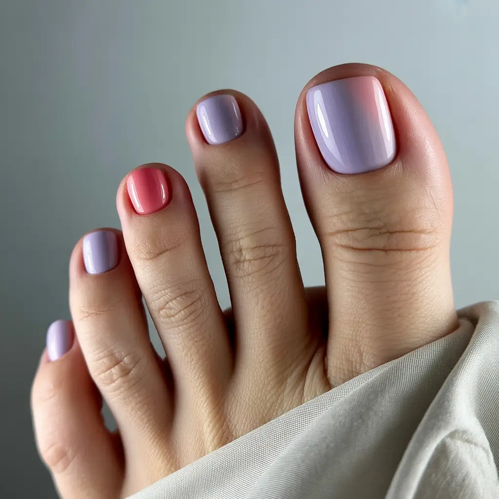 Toe Nail Art & Color Ideas for August 2025+Pastel Fade with a Twist of Coral