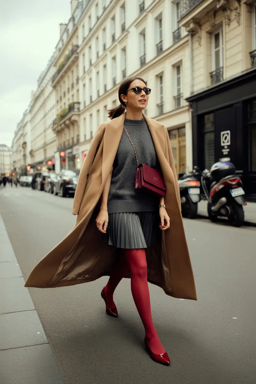 cute-fall-outfits-for-women-Pleats-Tights-and-a-Hint-of-Red
