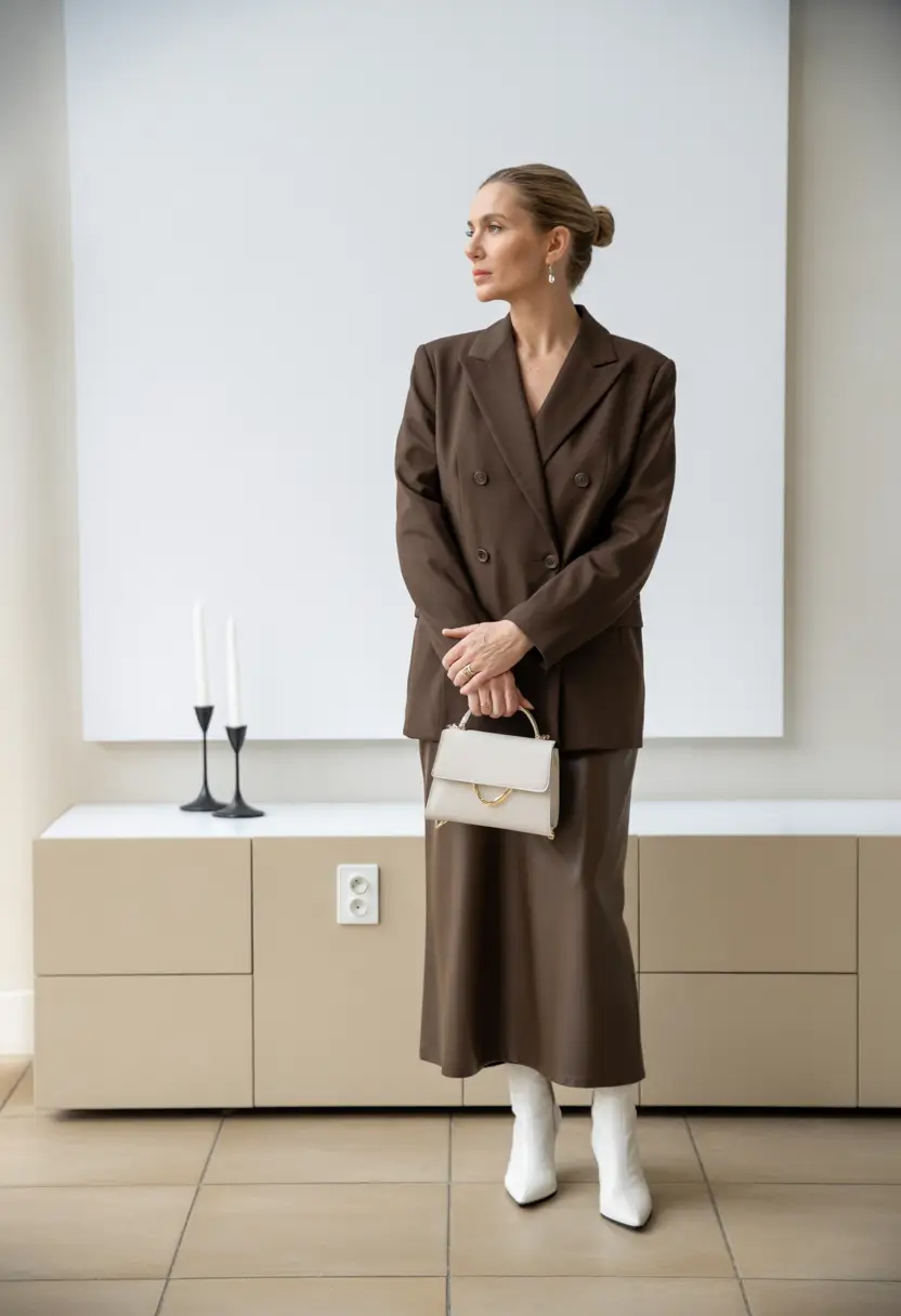 fall outfits for women over 40 Soft Power: Tailored Elegance in Monochrome Brown