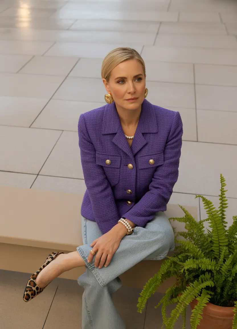 fall outfits for women over 40 Modern Retro: Tweed, Pearls, and Leopard Punch