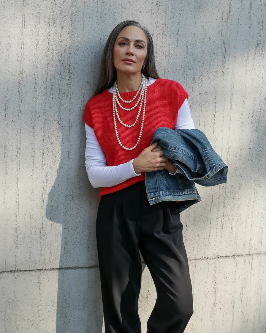 fall-outfits-for-women-over-40-Bold-Red-Layers-With-Iconic-Pearls
