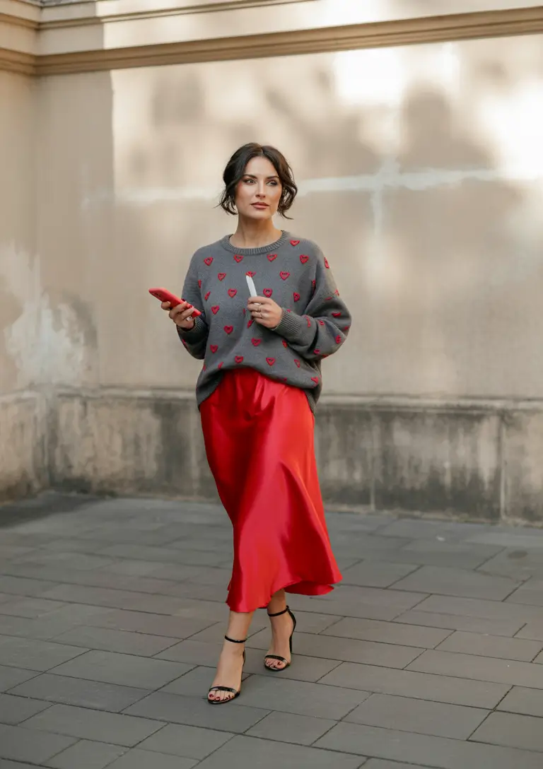 fall-outfits-for-women-over-40-Playful-Elegance-in-Satin-and-Hearts