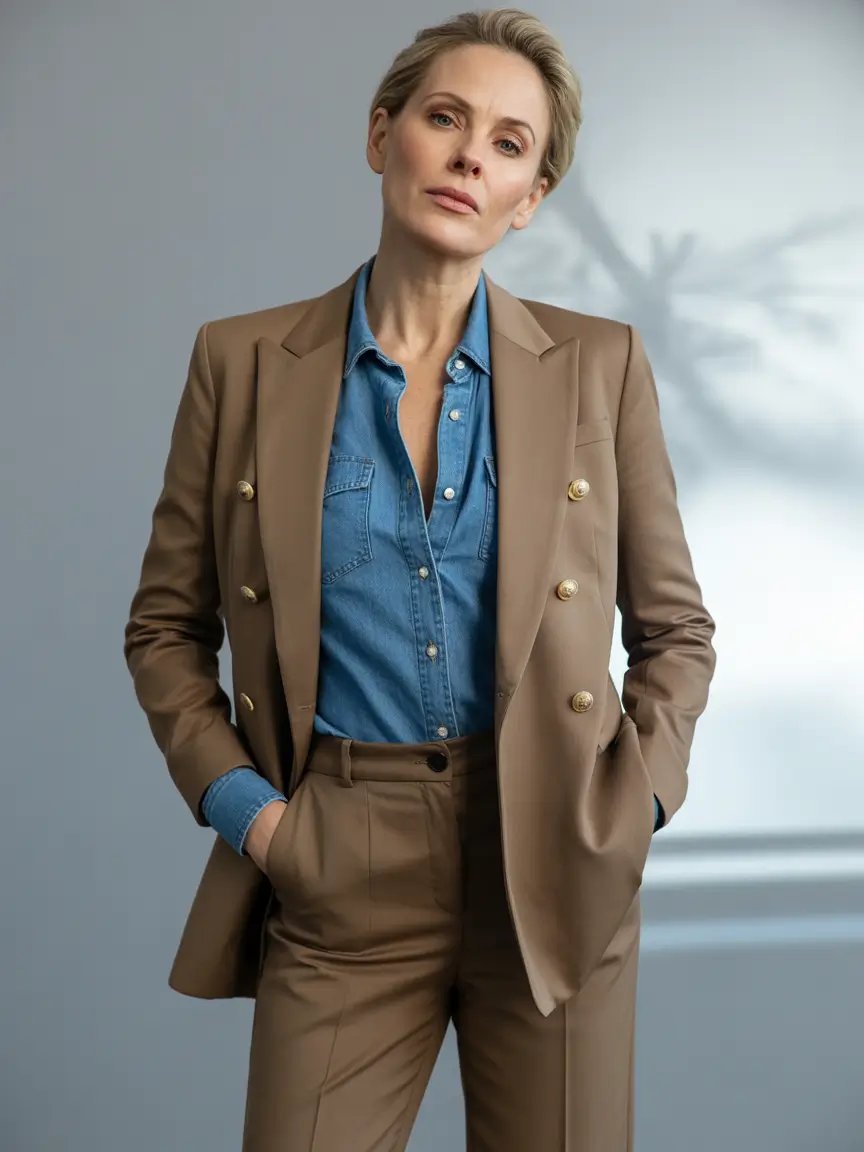 fall-outfits-for-women-over-40-The-Denim-Blouse-That-Made-the-Suit-Cool-Again