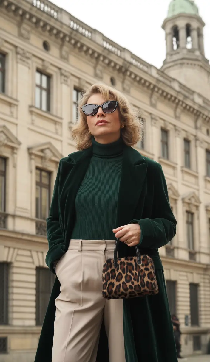 fall-outfits-for-women-over-40-Classic-Meets-Wild-in-Emerald-and-Leopard