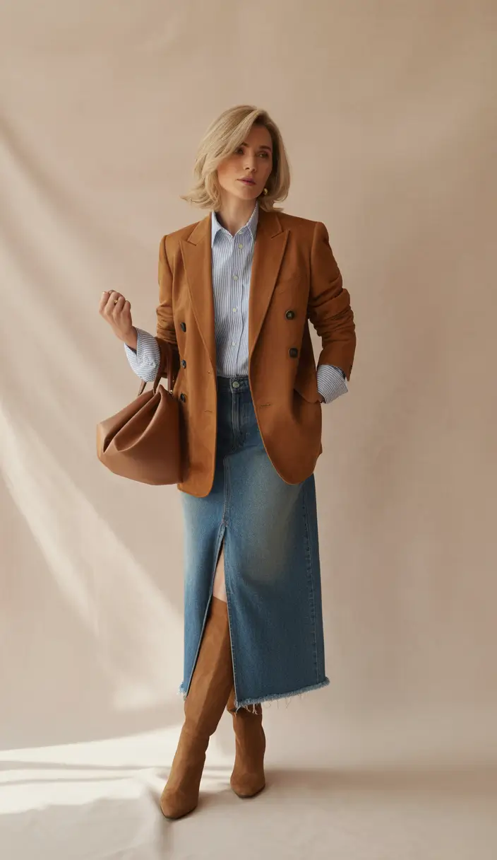 fall outfits for women over 40 Modern Western: Blazer and Denim for Fall Cool