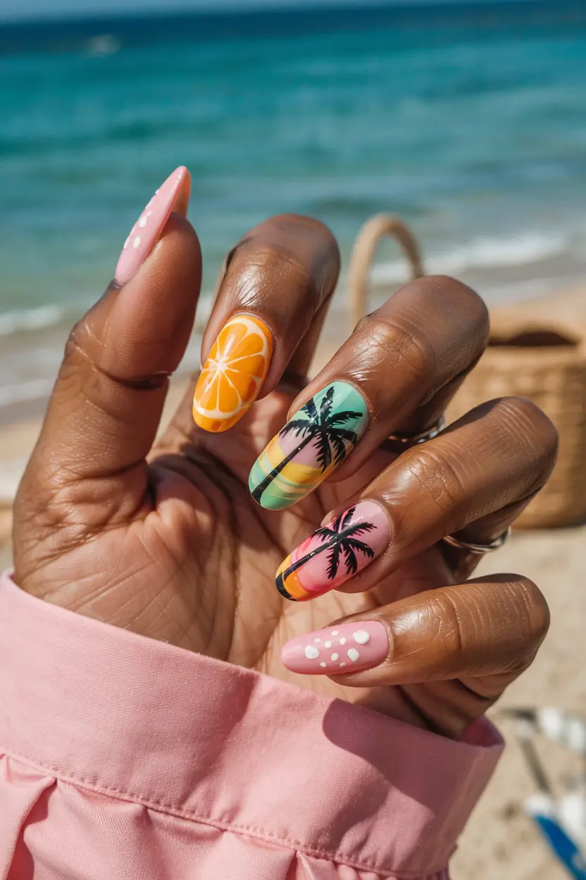Tropical Fruit Nail Ideas for Summer 2025-Sunset Citrus and Island Palms