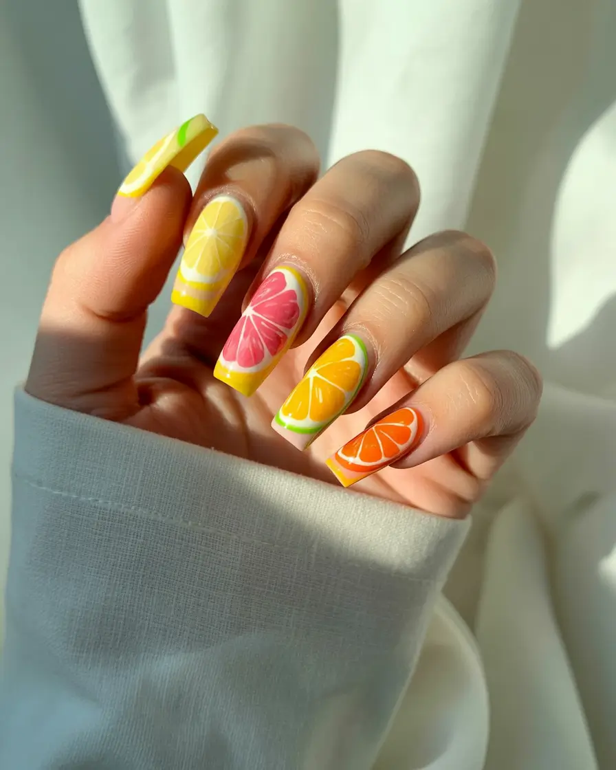 Tropical Fruit Nail Ideas for Summer 2025-Neon Citrus Rainbow