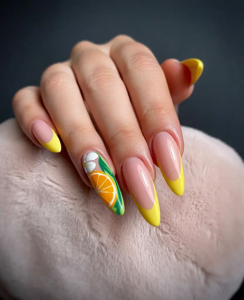 Tropical Fruit Nail Ideas for Summer 2025-Lemon French with a Floral Twist