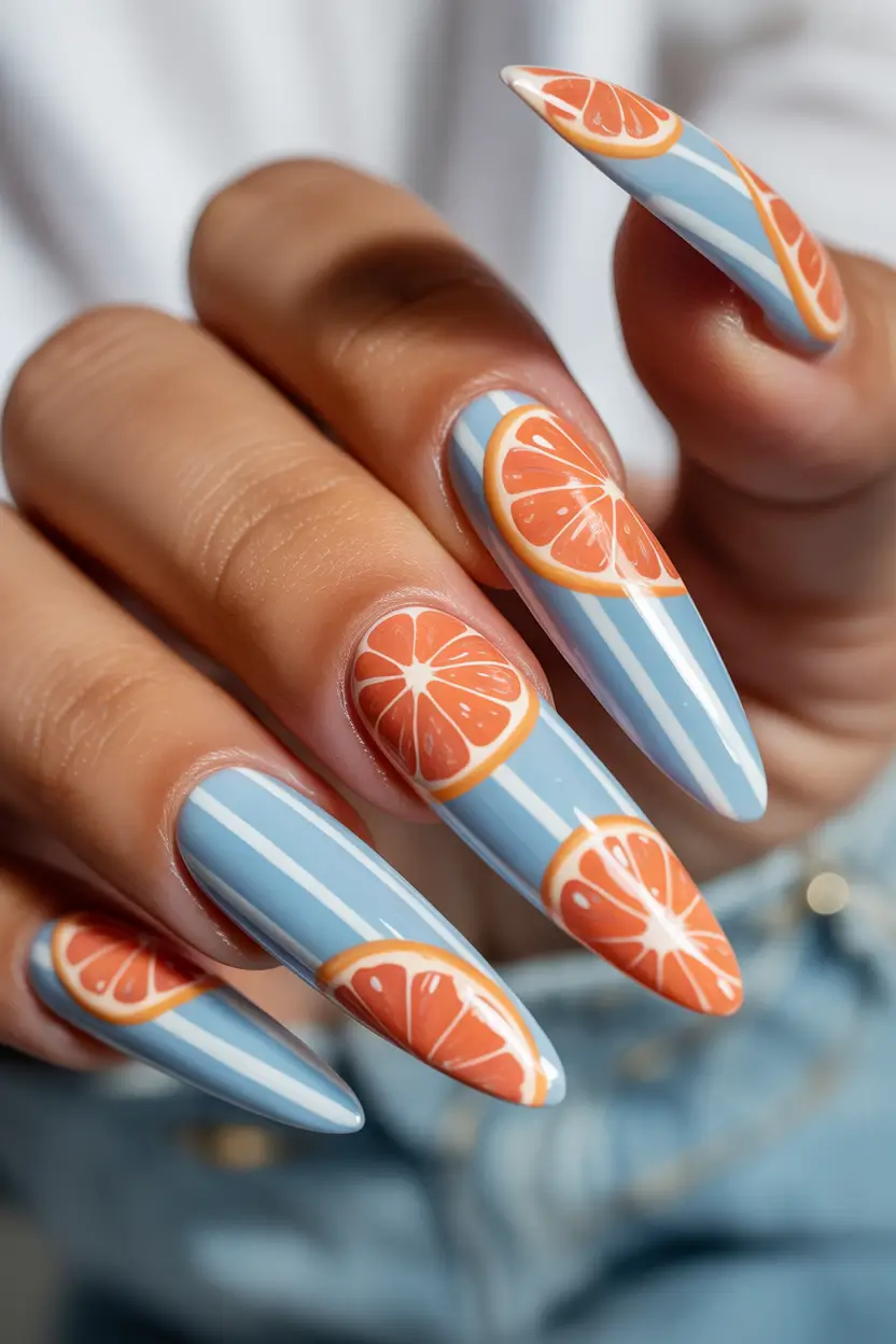 Tropical Fruit Nail Ideas for Summer 2025-Striped Grapefruit Dream