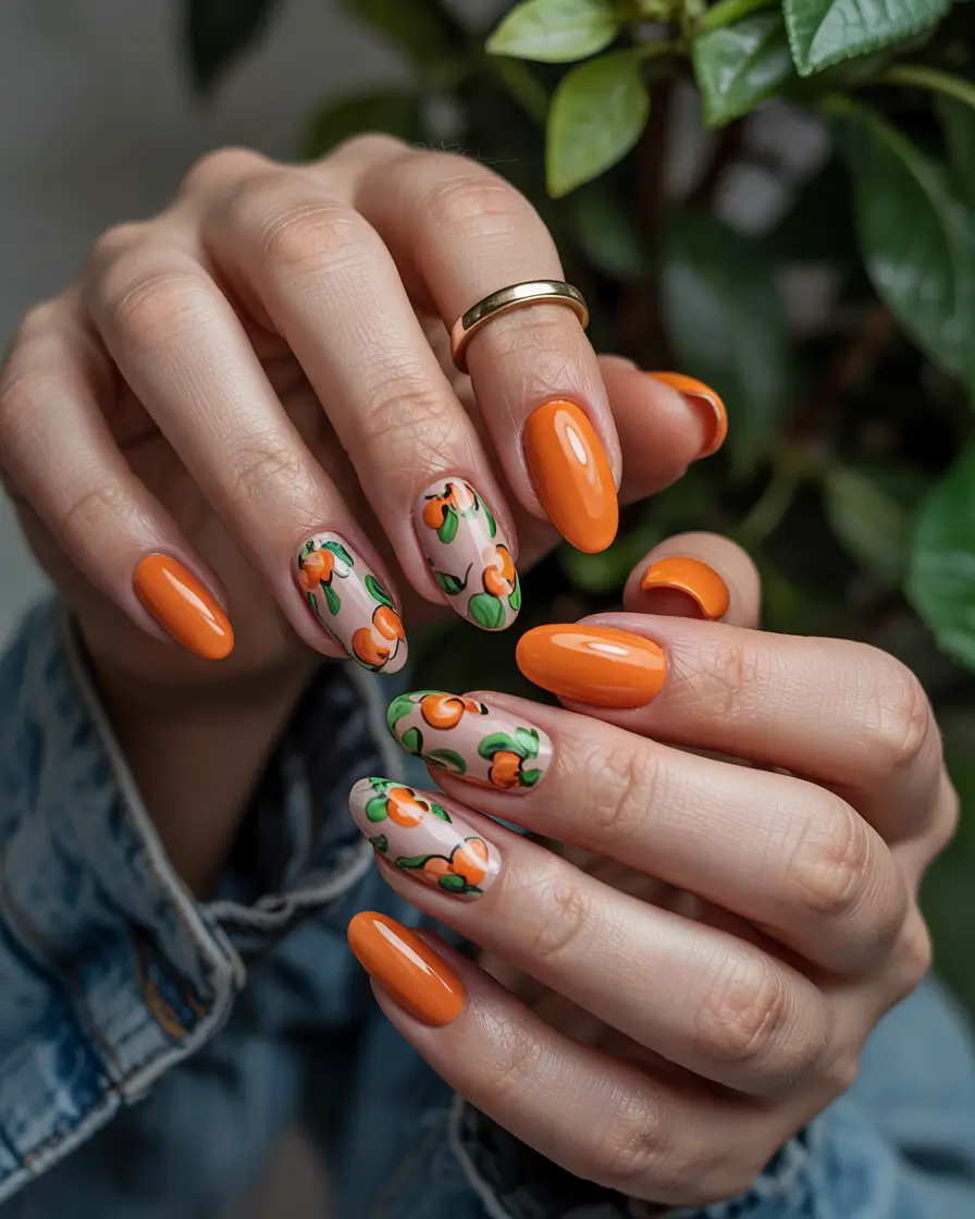 Tropical Fruit Nail Ideas for Summer 2025-Tangerine Garden Nails