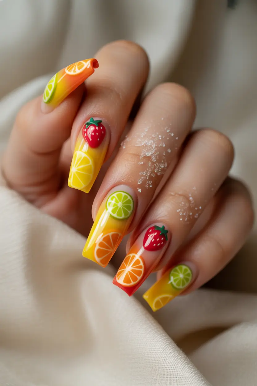 Tropical Fruit Nail Ideas for Summer 2025-3D Strawberry Citrus Glow