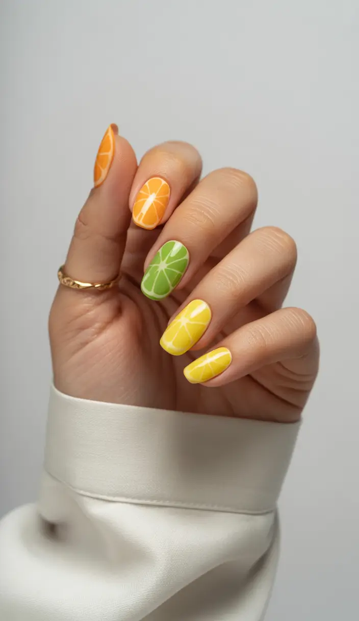 Tropical Fruit Nail Ideas for Summer 2025 Sunset Citrus on Almond Tips