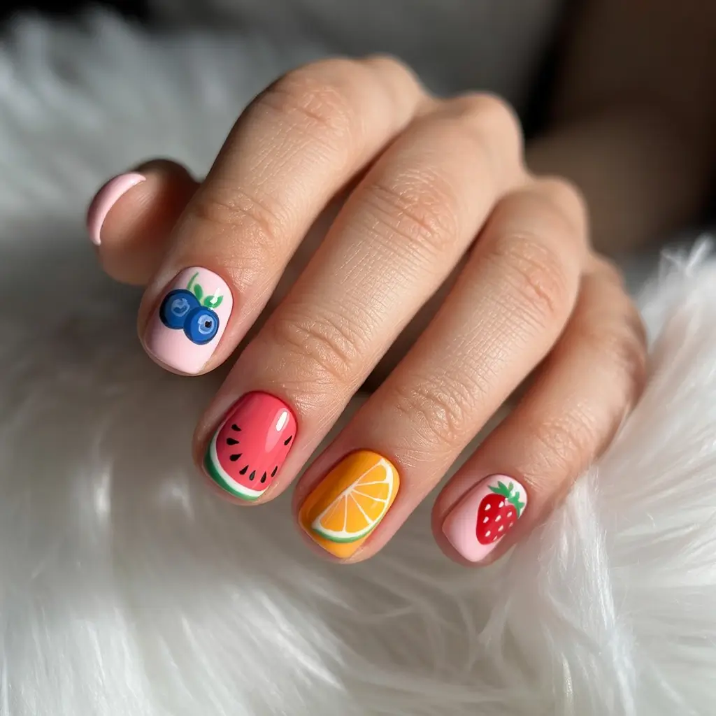 Tropical Fruit Nail Ideas for Summer 2025 Fruit Bowl Frenzy on Short Square
