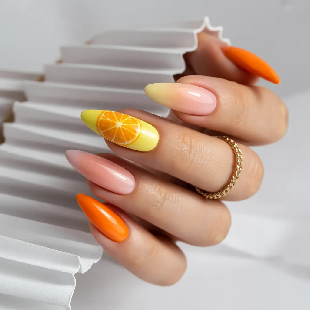 Tropical Fruit Nail Ideas for Summer 2025 Ombré Citrus Fade with Glossy Almond Shape