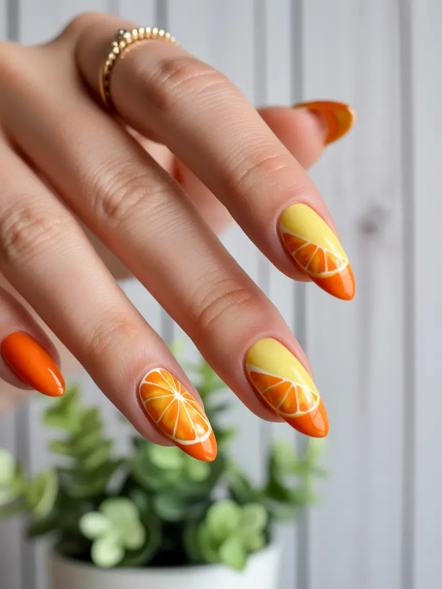 Tropical Fruit Nail Ideas for Summer 2025 Juicy Citrus French Tip Remix