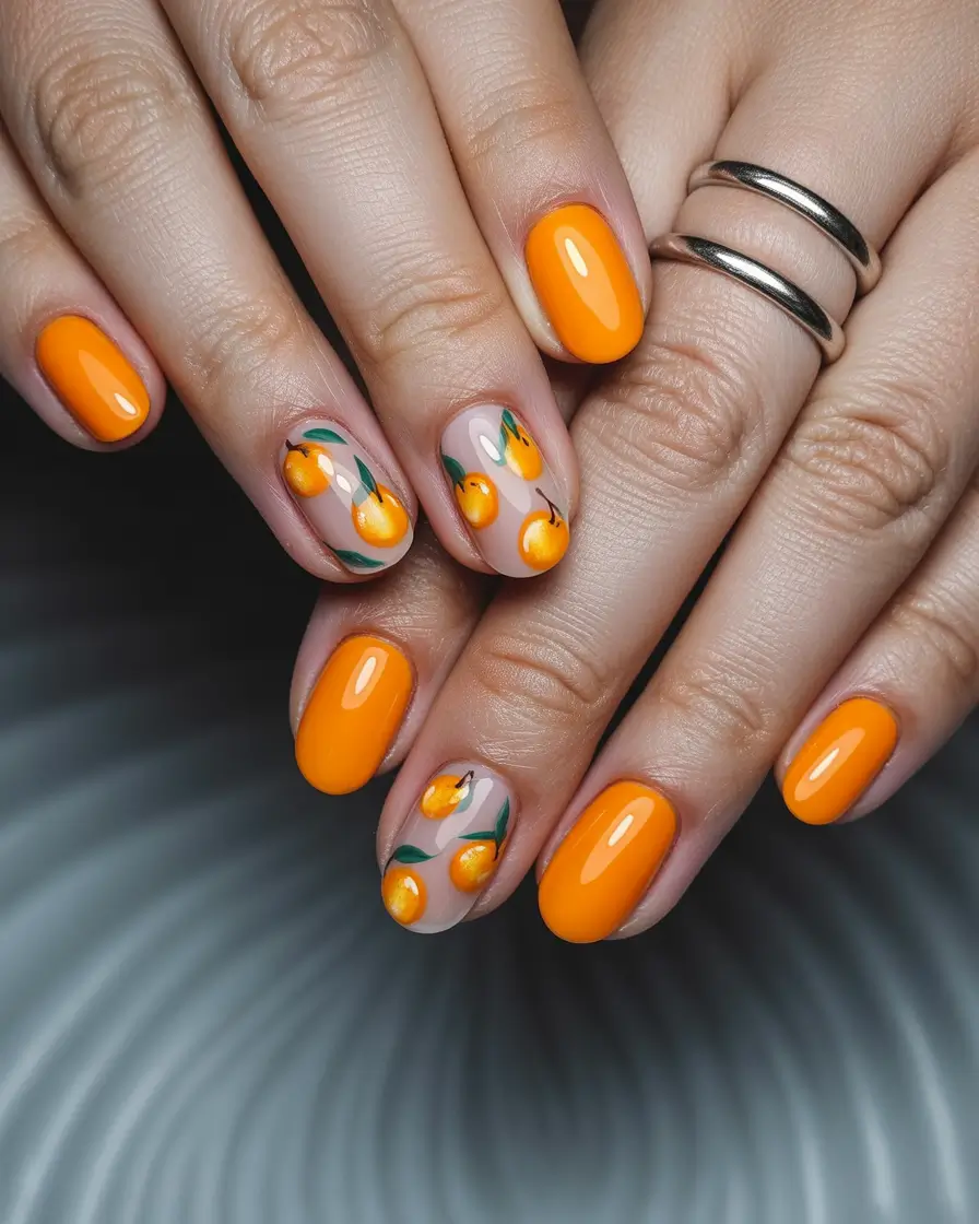 Tropical Fruit Nail Ideas for Summer 2025-Mandarin Magic in Glossy Orange