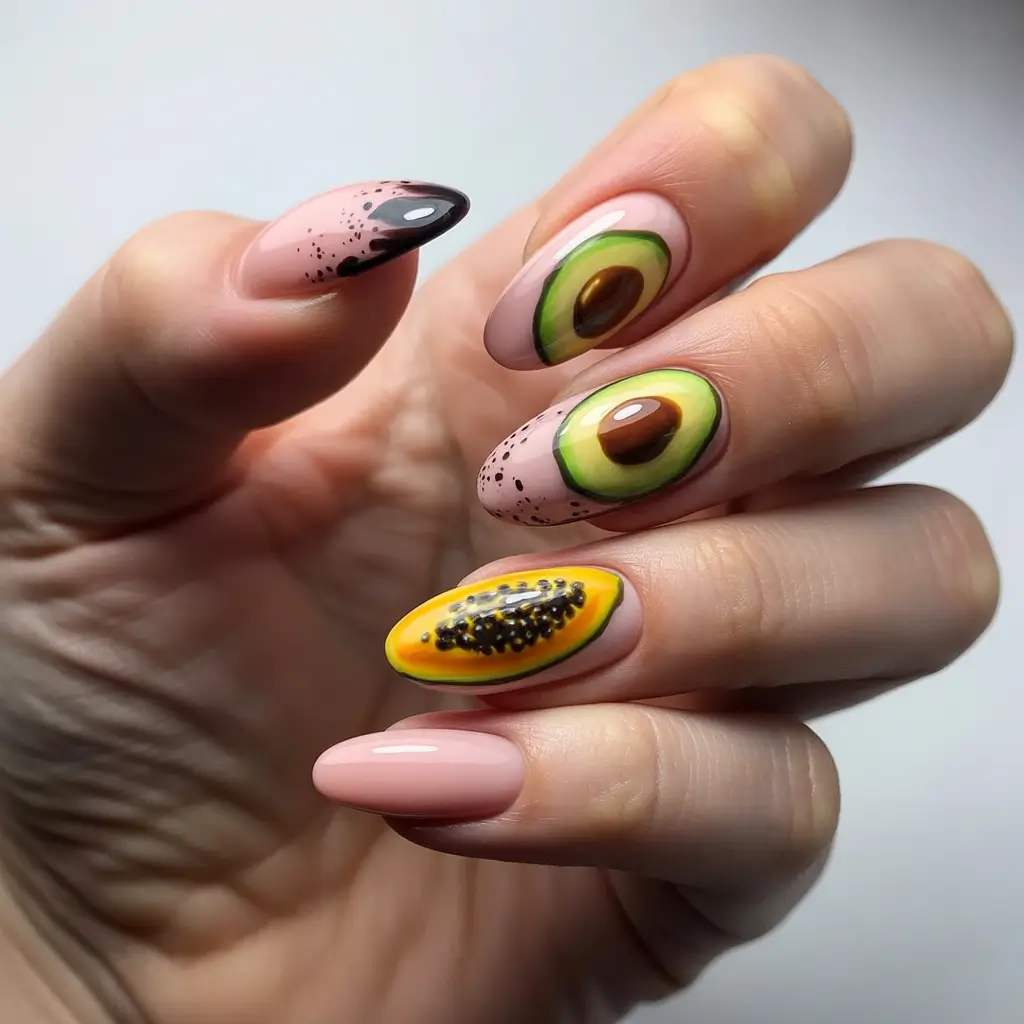 Tropical Fruit Nail Ideas for Summer 2025 3D Tropic Realness with Avocado & Papaya