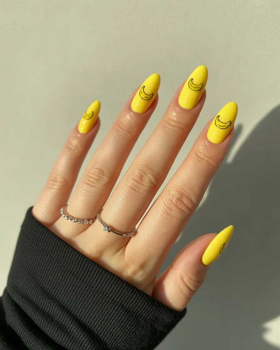 Tropical Fruit Nail Ideas for Summer 2025 Banana Yellow Line Art