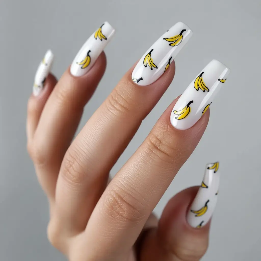 Tropical Fruit Nail Ideas for Summer 2025 Banana Pop Art on White Square Tips