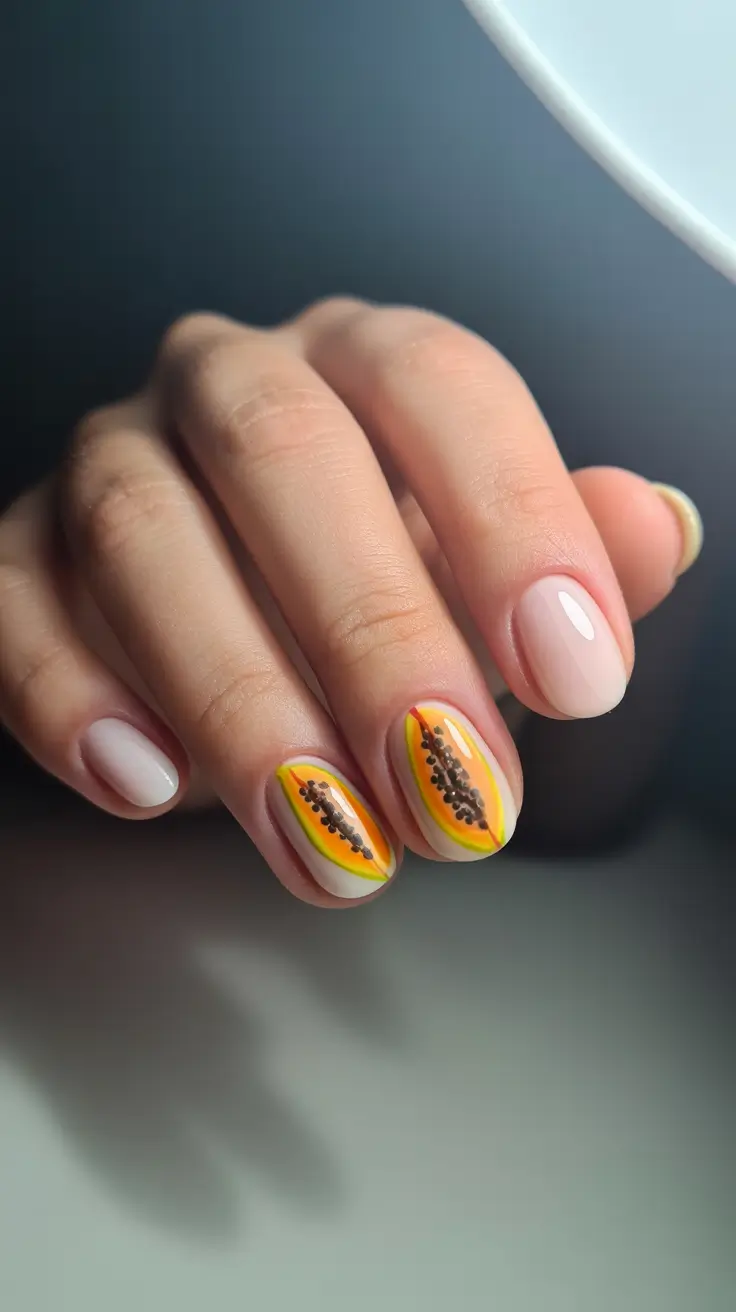 Tropical Fruit Nail Ideas for Summer 2025 Minimalist Papaya on Short Natural Tips