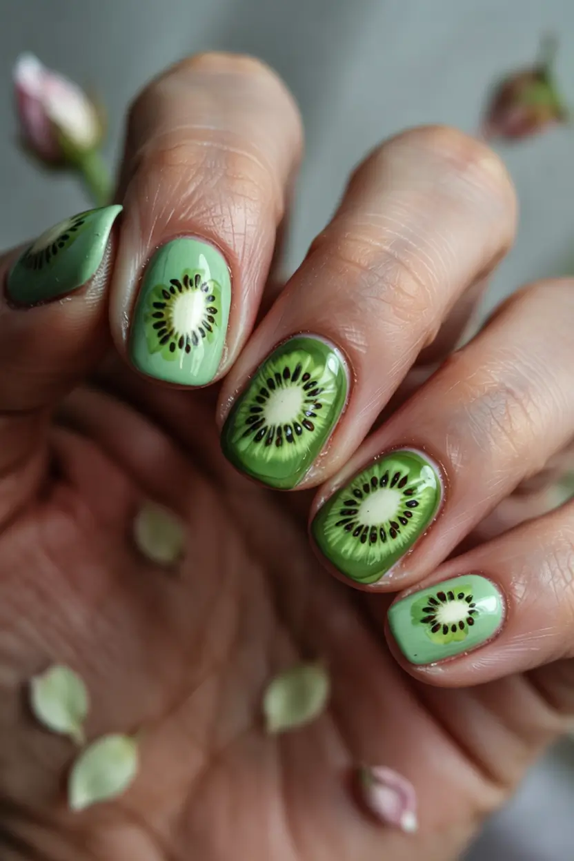 Tropical Fruit Nail Ideas for Summer 2025 Kiwi Slice Statement on Cool Green Base