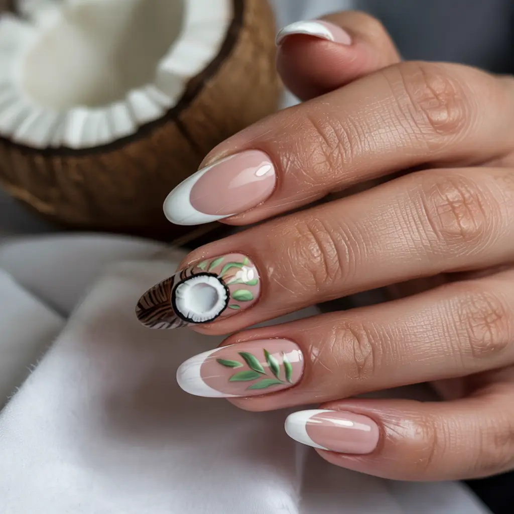 Tropical Fruit Nail Ideas for Summer 2025-Coconut French with Tropical Leaves