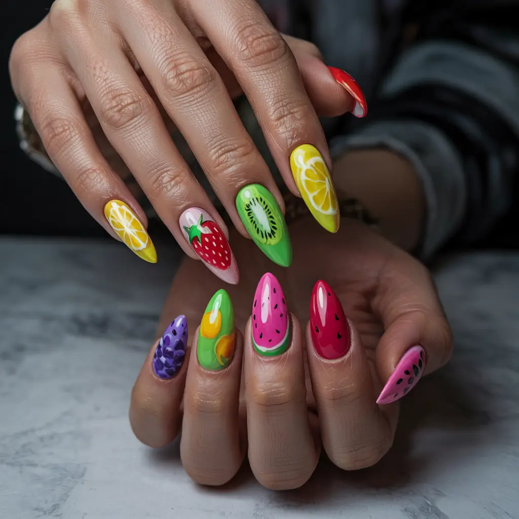 Tropical Fruit Nail Ideas for Summer 2025-Fruit Salad Explosion