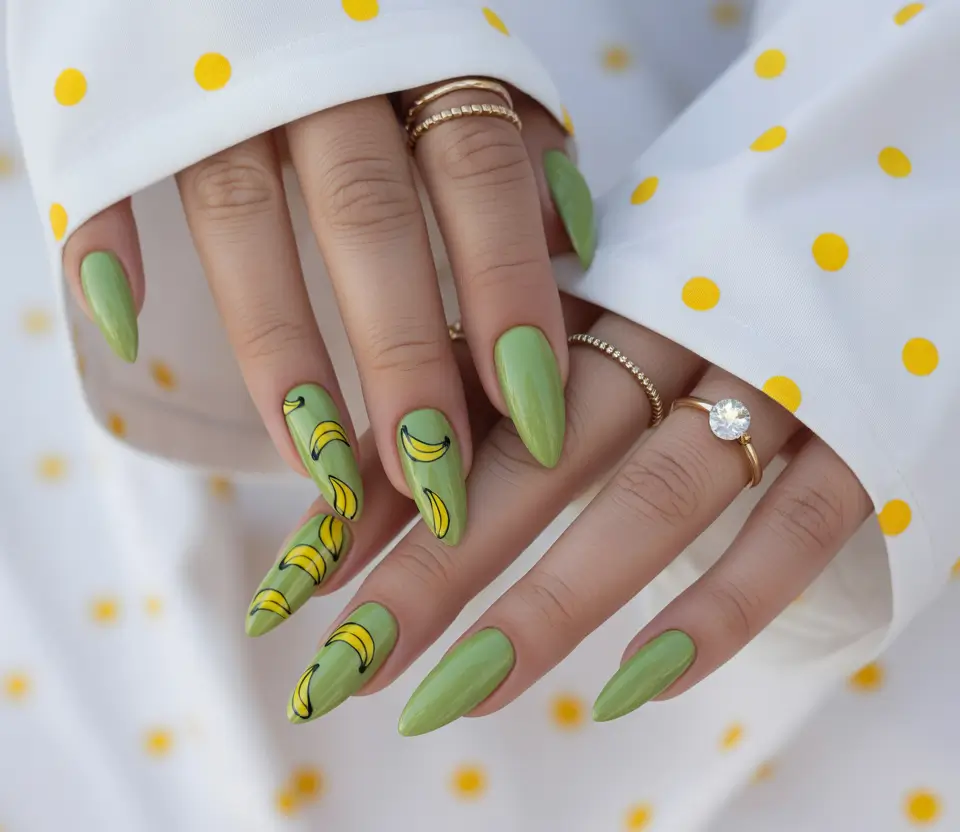 Tropical Fruit Nail Ideas for Summer 2025-Banana Grooves on Matcha Green