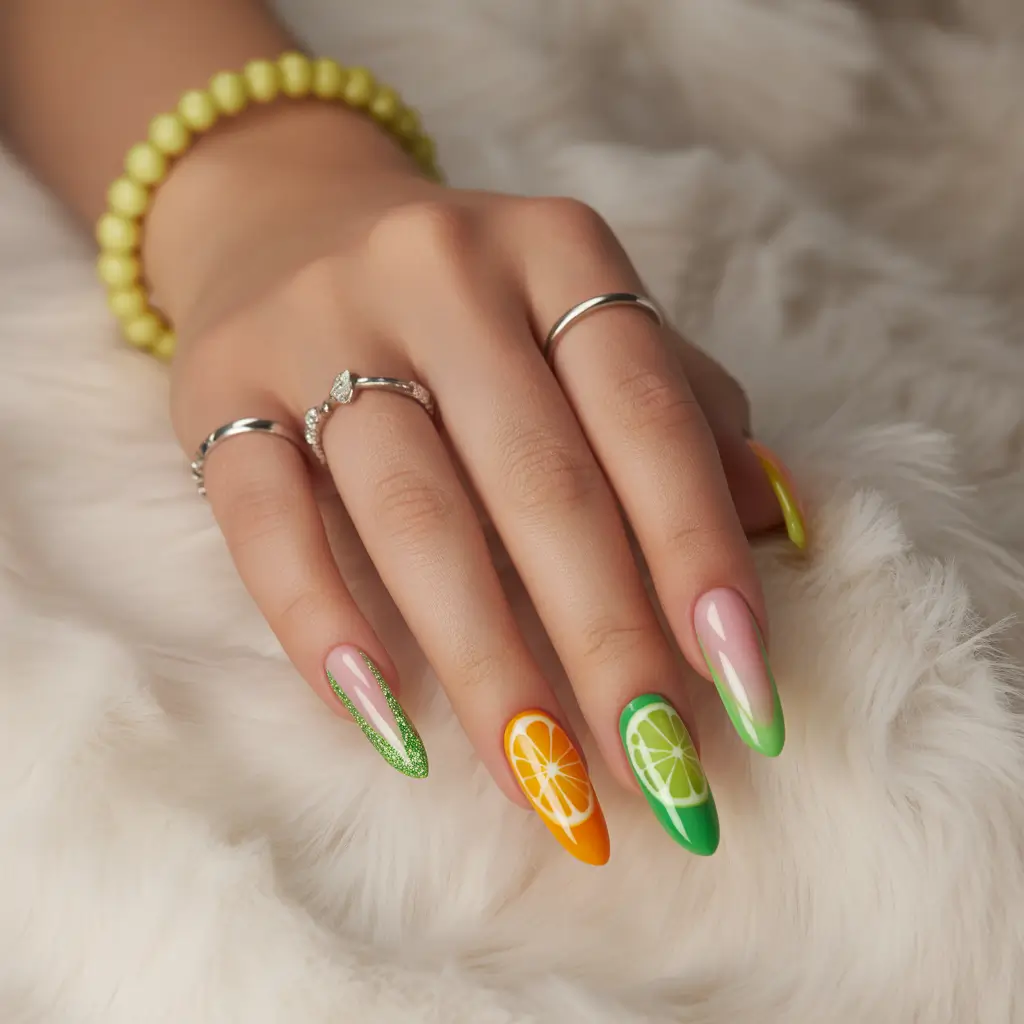 Tropical Fruit Nail Ideas for Summer 2025-Split Citrus Ombré Fantasy