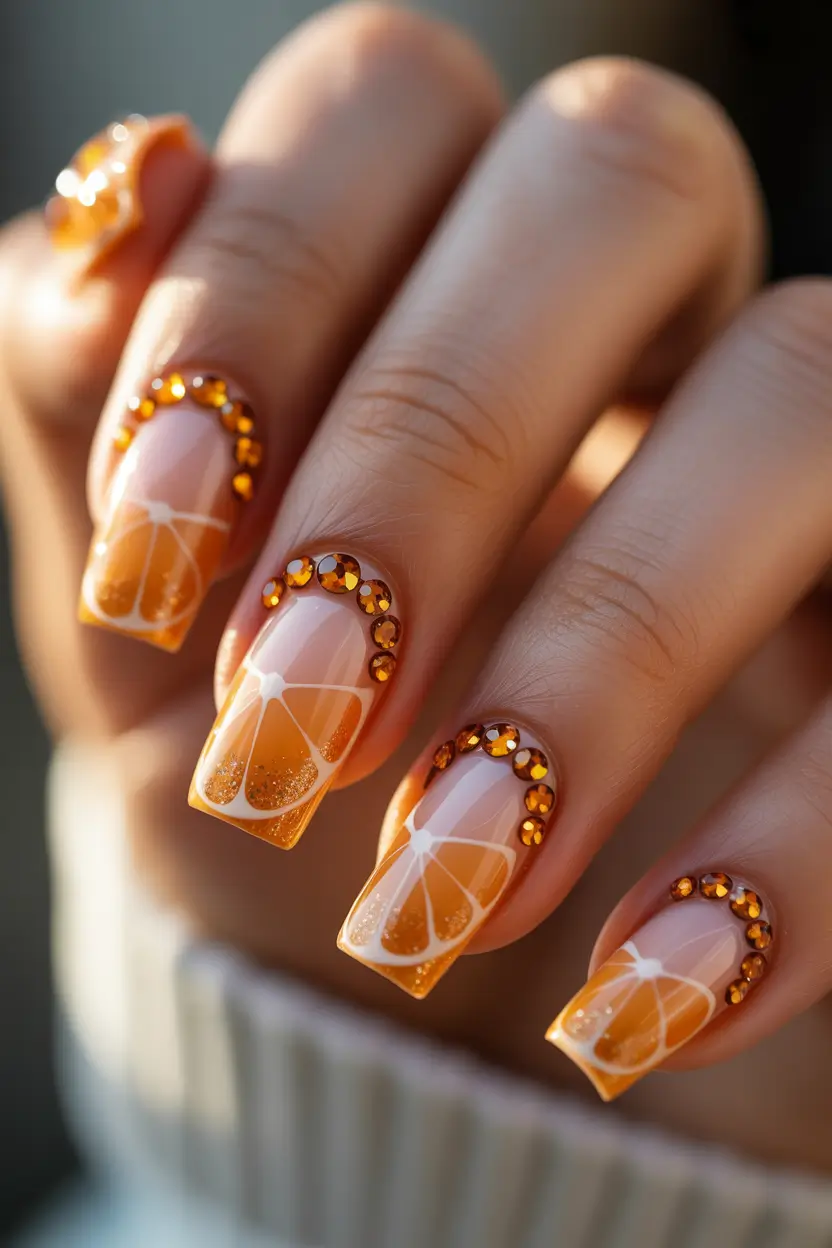 Tropical Fruit Nail Ideas for Summer 2025-Orange Slices and Amber Gems