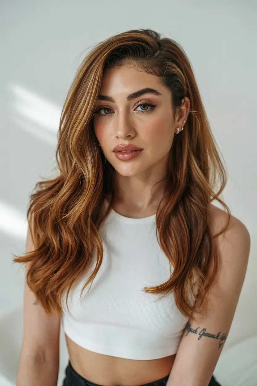 Fall Hair Colors for Warm Skin Tones+Soft Honey Waves with Cinnamon Lights
