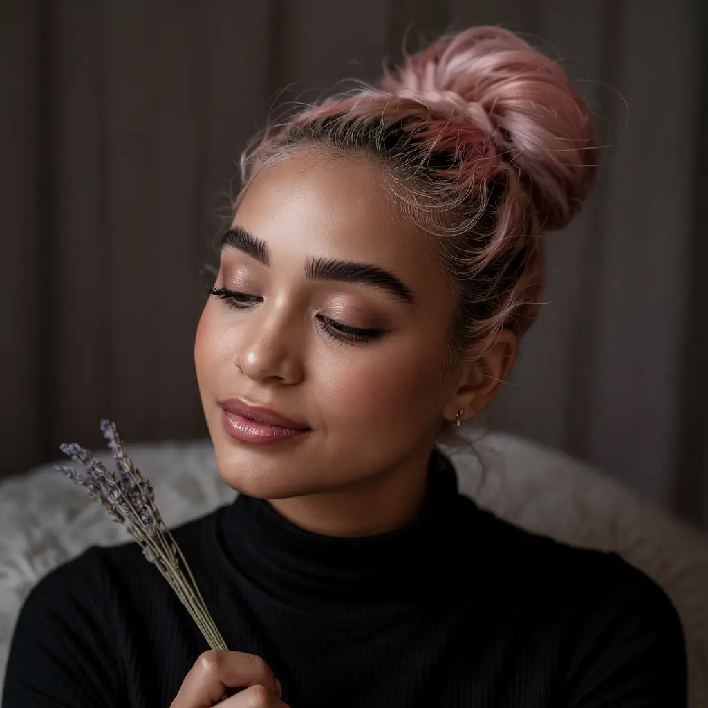 Fall Hair Colors for Warm Skin Tones+Rosé Cotton Bun with Natural Roots