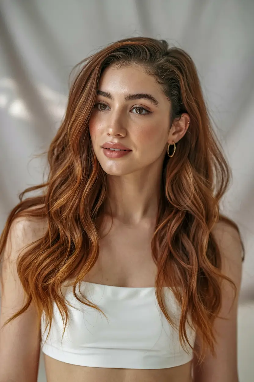 Fall Hair Colors for Warm Skin Tones Golden Apricot Waves with Side Part