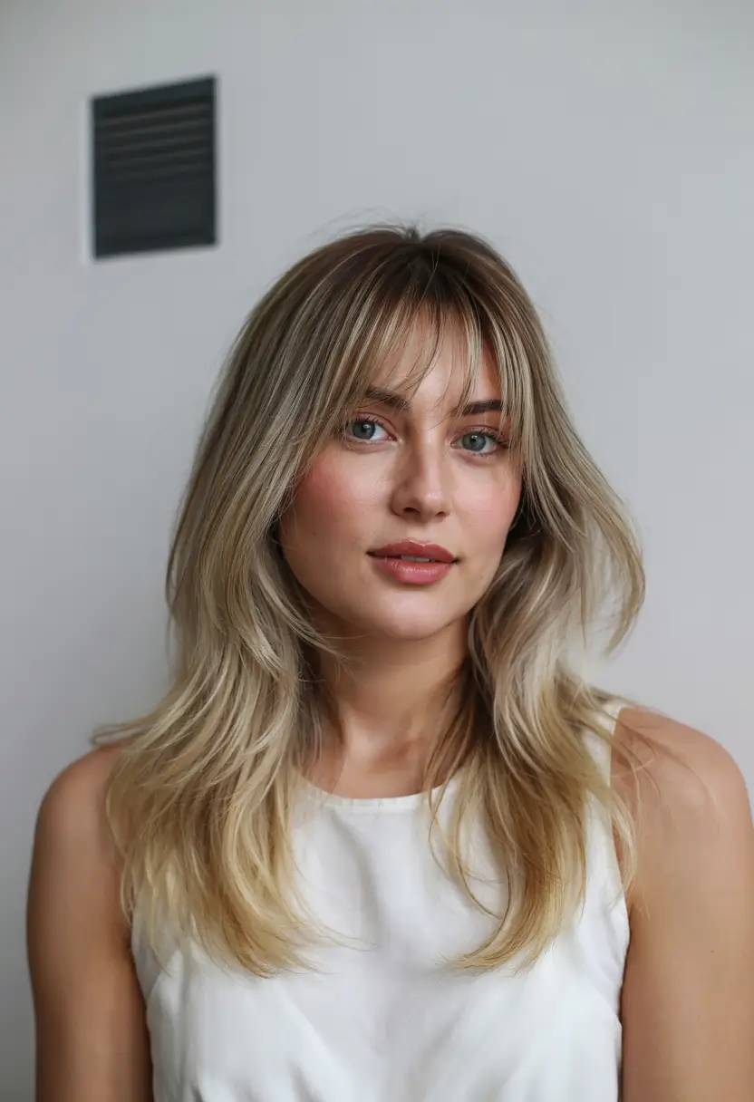 Fall Hair Colors for Warm Skin Tones Blended Buttery Blonde with Wispy Fringe