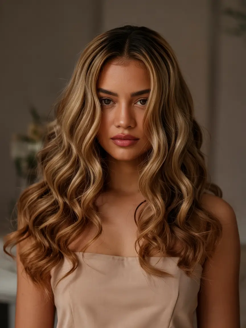 Fall Hair Colors for Warm Skin Tones Golden Bronde Waves with Seamless Shadow Root