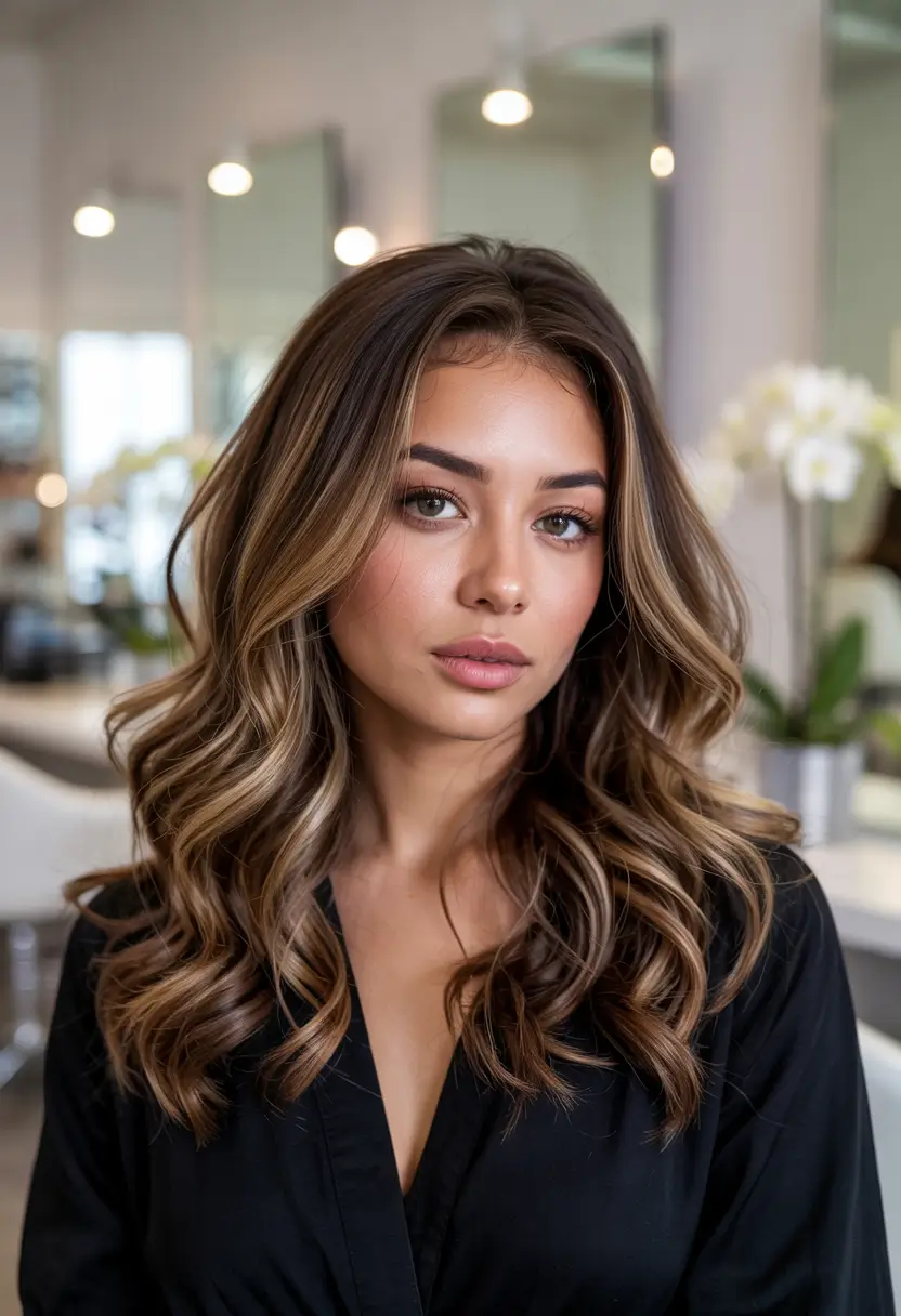 Fall Hair Colors for Warm Skin Tones+Dimensional Latte with Sunlit Ribbons