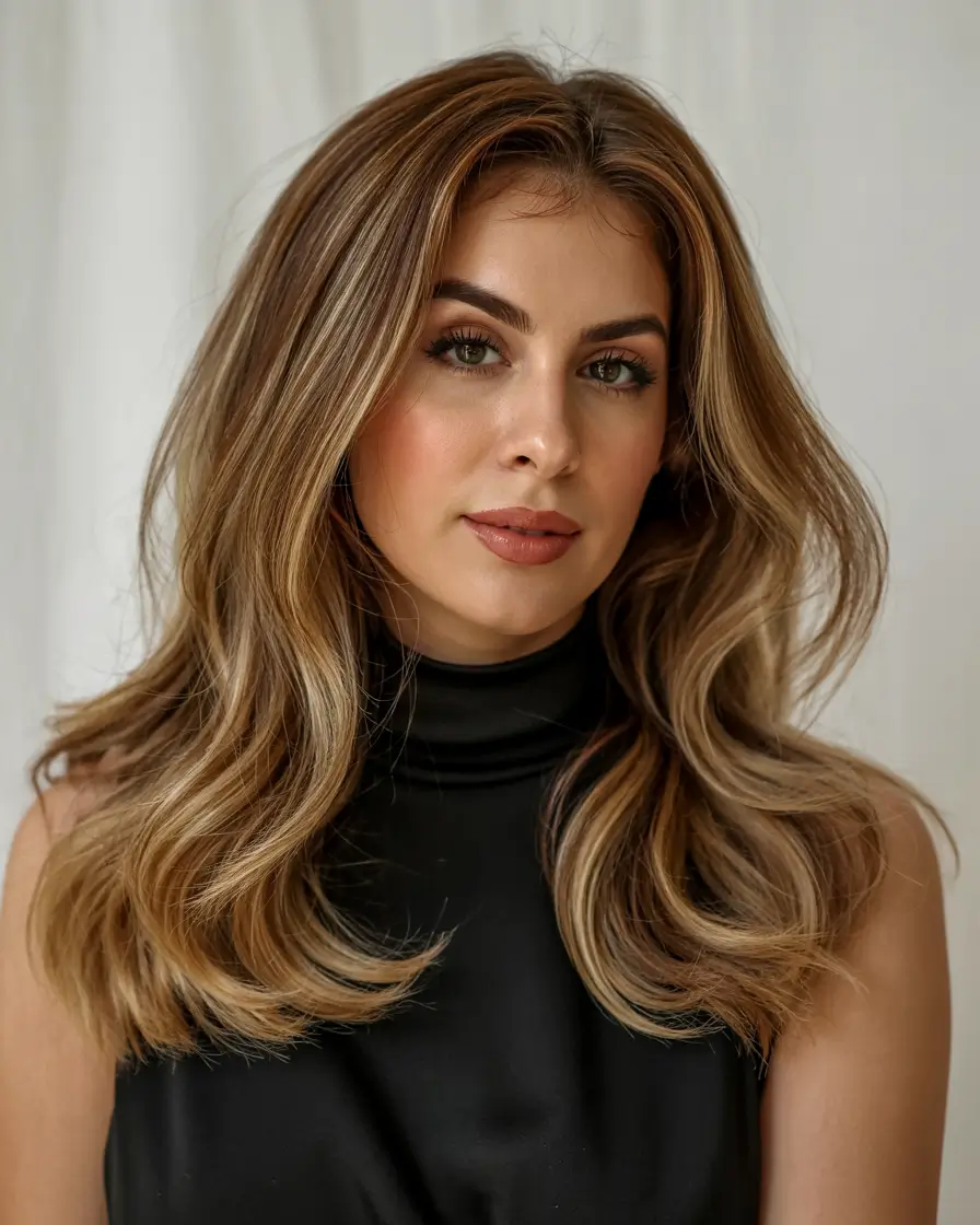Fall Hair Colors for Warm Skin Tones+Golden Rooted Bronde with Fluffy Finish