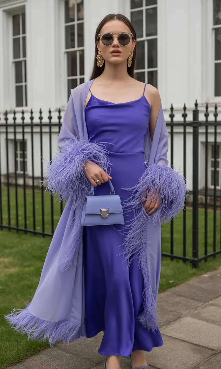october wedding guest outfits Feathered Glamour in Purple Tones