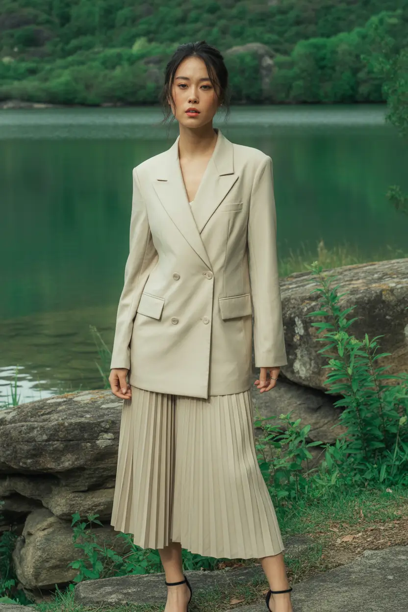 october wedding guest outfits Pleated Perfection with a Power Blazer