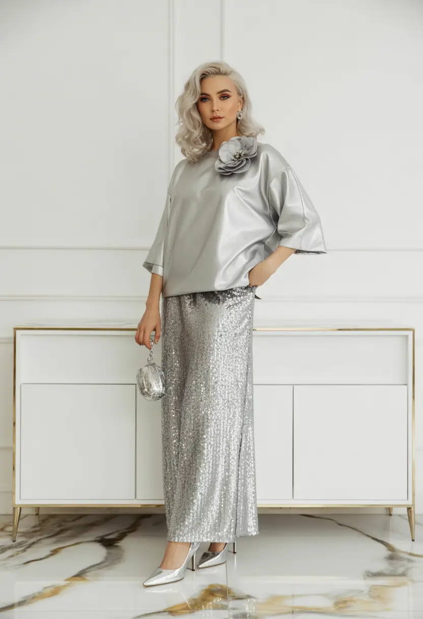 october wedding guest outfits Silver Sequins & Sculptural Shine