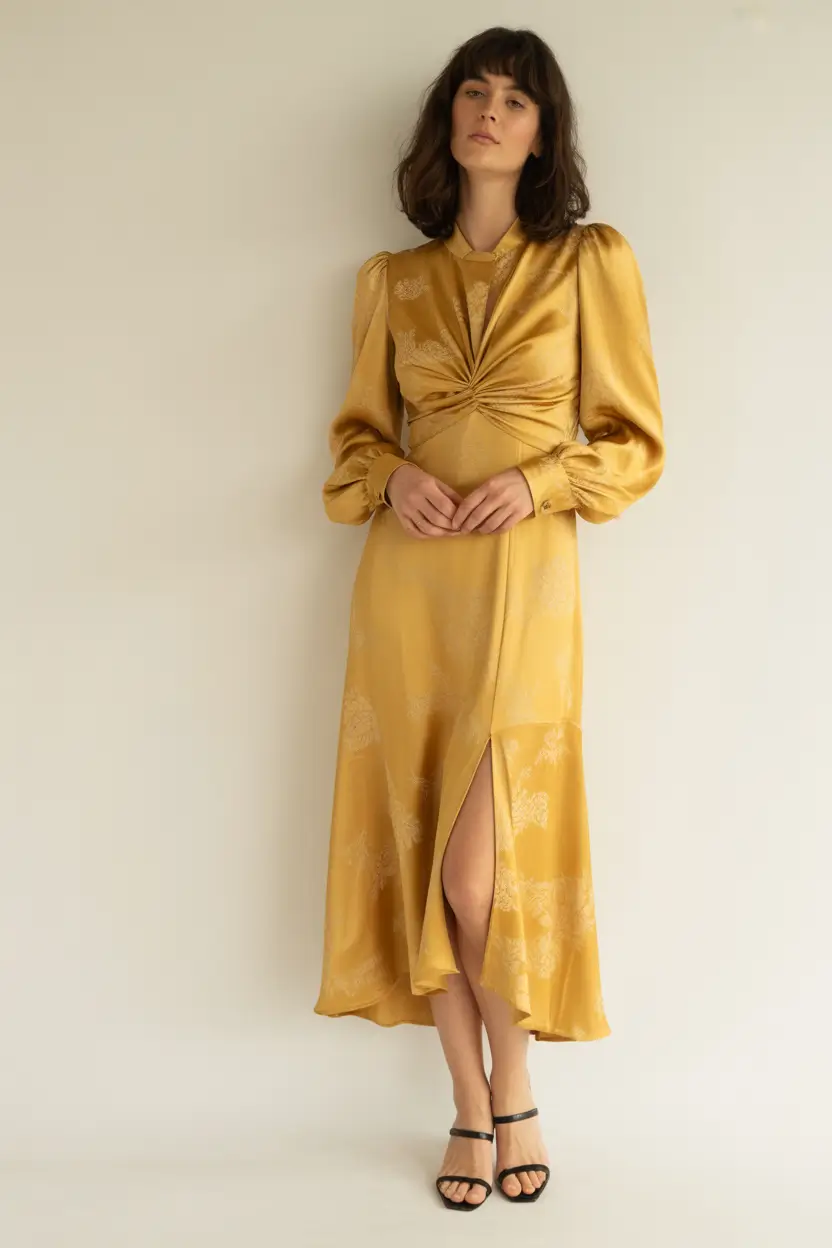 october wedding guest outfits Mustard Satin and Soft Drama
