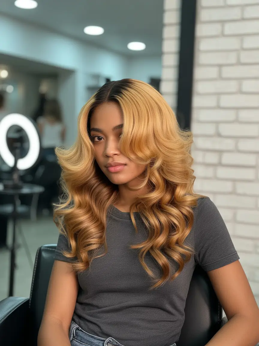 hair color for brown skin Caramel Blonde Hollywood Curls