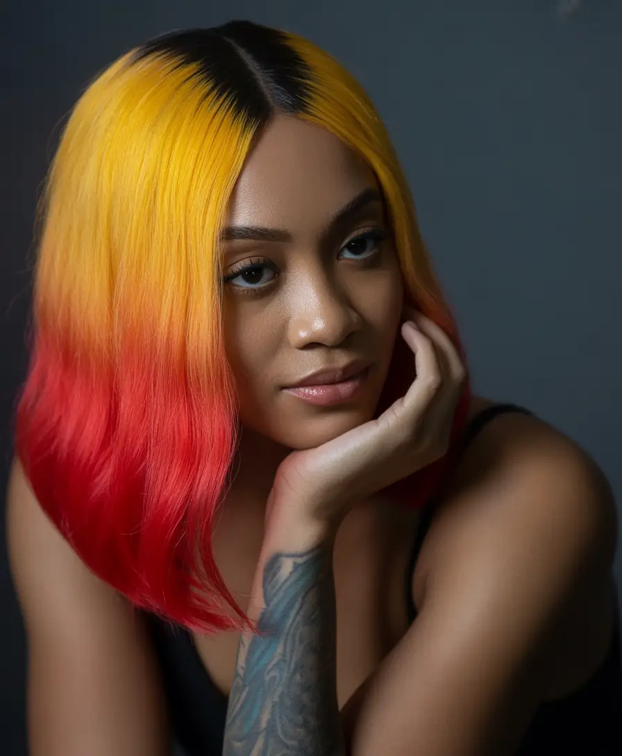 hair color for brown skin+Sunset Melt on a Blunt Bob