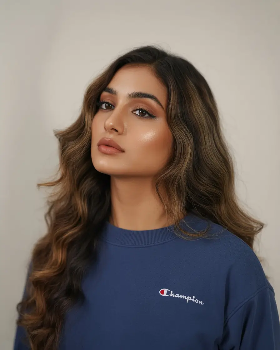 hair color for brown skin+Glossy Brunette Waves with Caramel Lights
