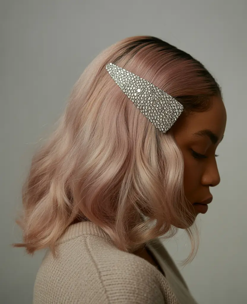 hair color for brown skin+Soft Rose Gold Lob with Statement Clip