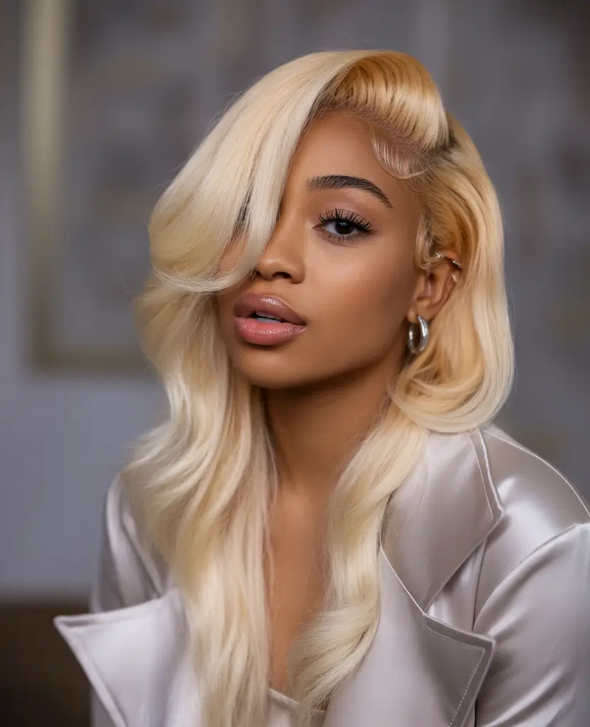 hair color for brown skin Silky Blonde Luxe with Deep Side Part